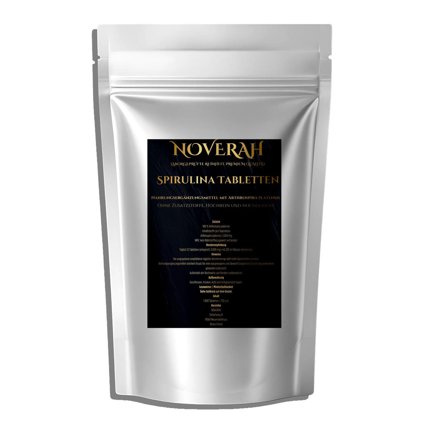 NOVERAH Spirulina Tabletten – Tabletten Frontansicht. Laborgeprüfte Reinheit. Premium Qualität.