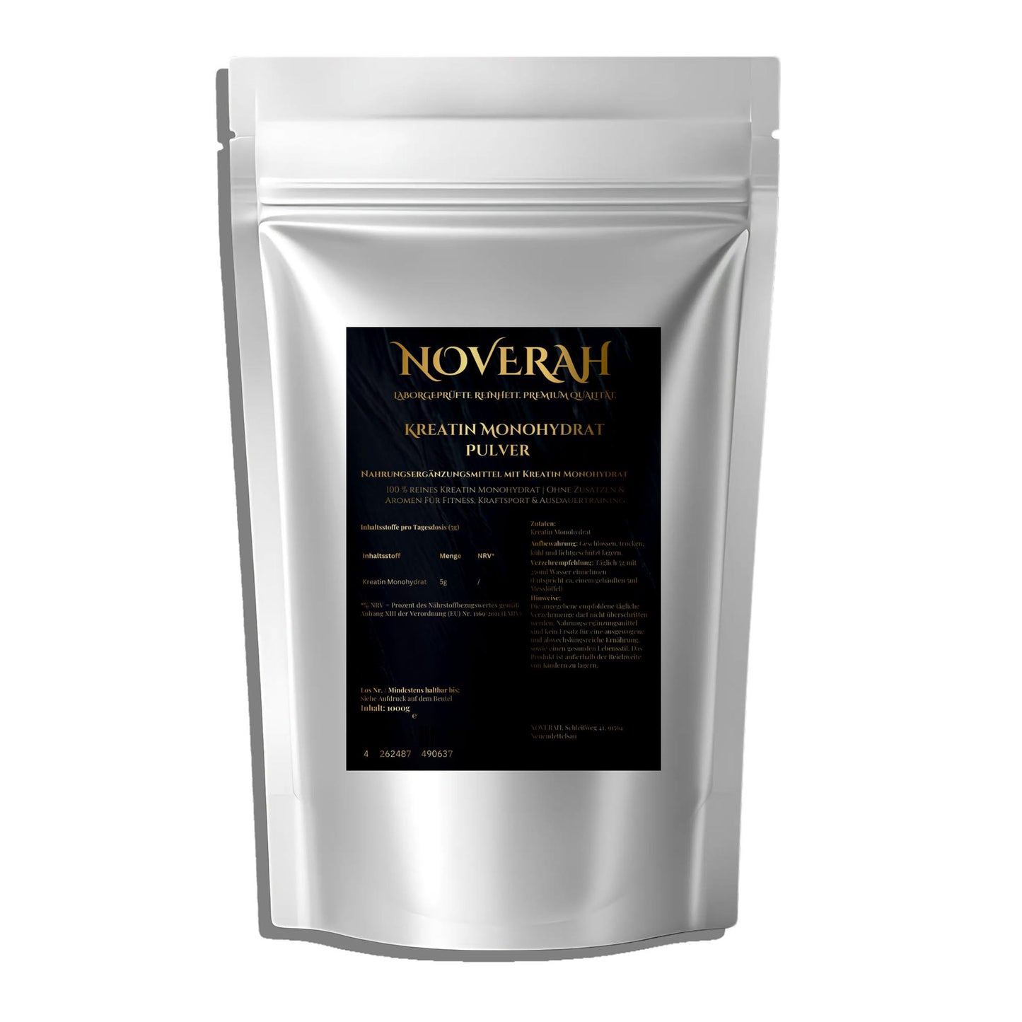 NOVERAH Kreatin Monohydrat – Mikronisiertes Pulver Frontansicht. Laborgeprüfte Reinheit. Premium Qualität.