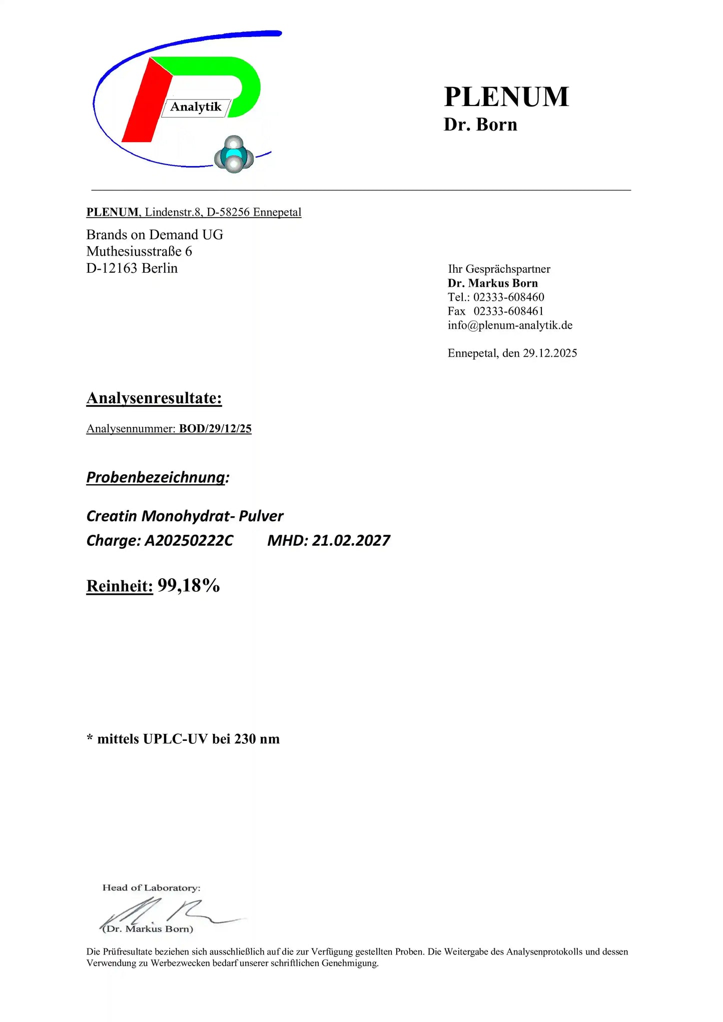 Laborbericht zu NOVERAH Kreatin Monohydrat Pulver mikronisiert 1 kg mit unabhaengig gepruefter Qualitaet und Analysewerten – NOVERAH