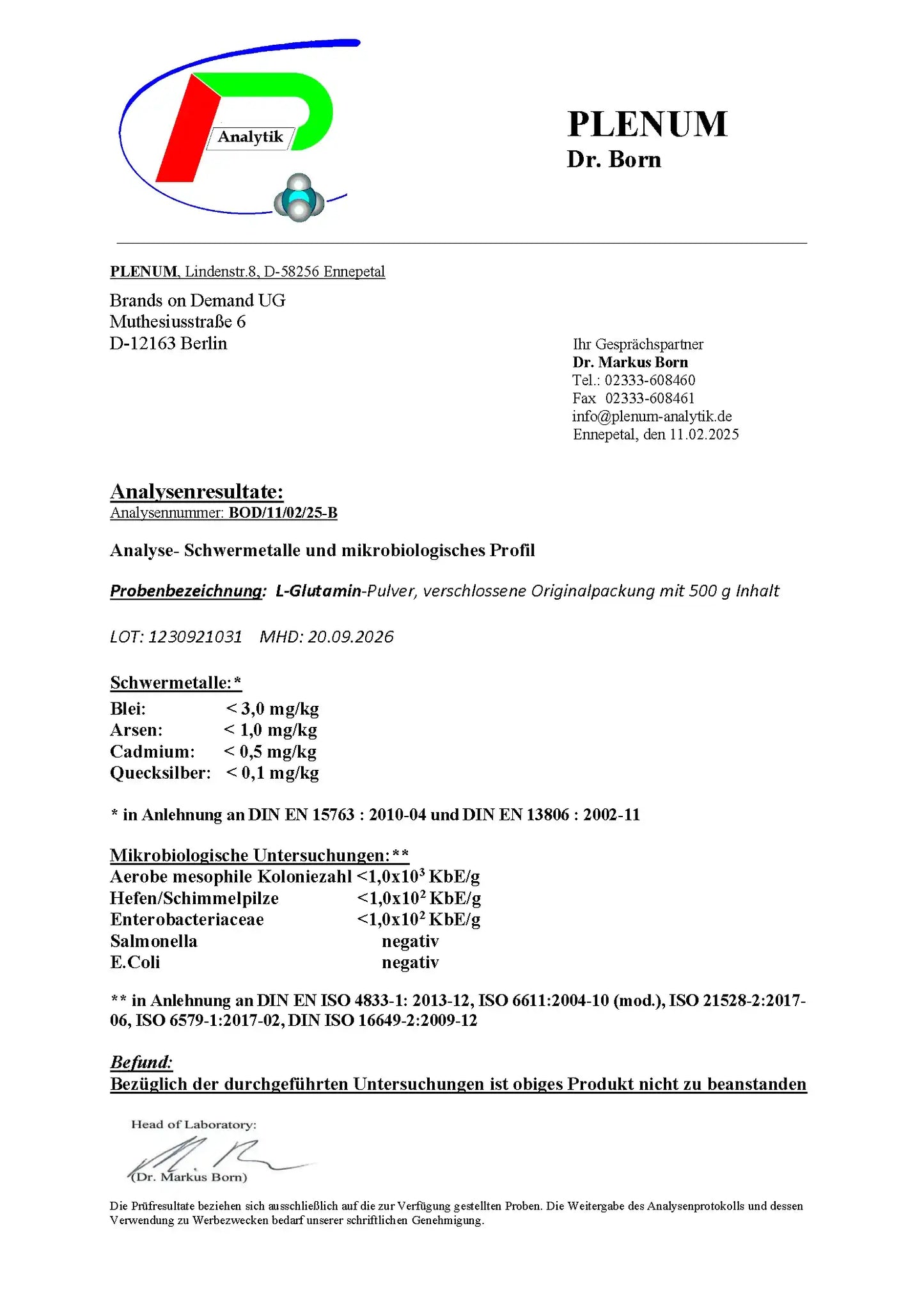 Laborbericht zu NOVERAH L Glutamin Pulver 500 g mit unabhaengig gepruefter Qualitaet und Analysewerten – NOVERAH