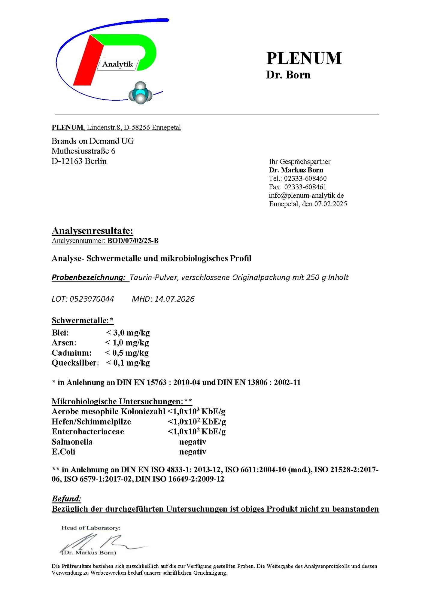 Laborbericht zu NOVERAH L Taurin Pulver 500 g mit unabhaengig gepruefter Qualitaet und Analysewerten – NOVERAH