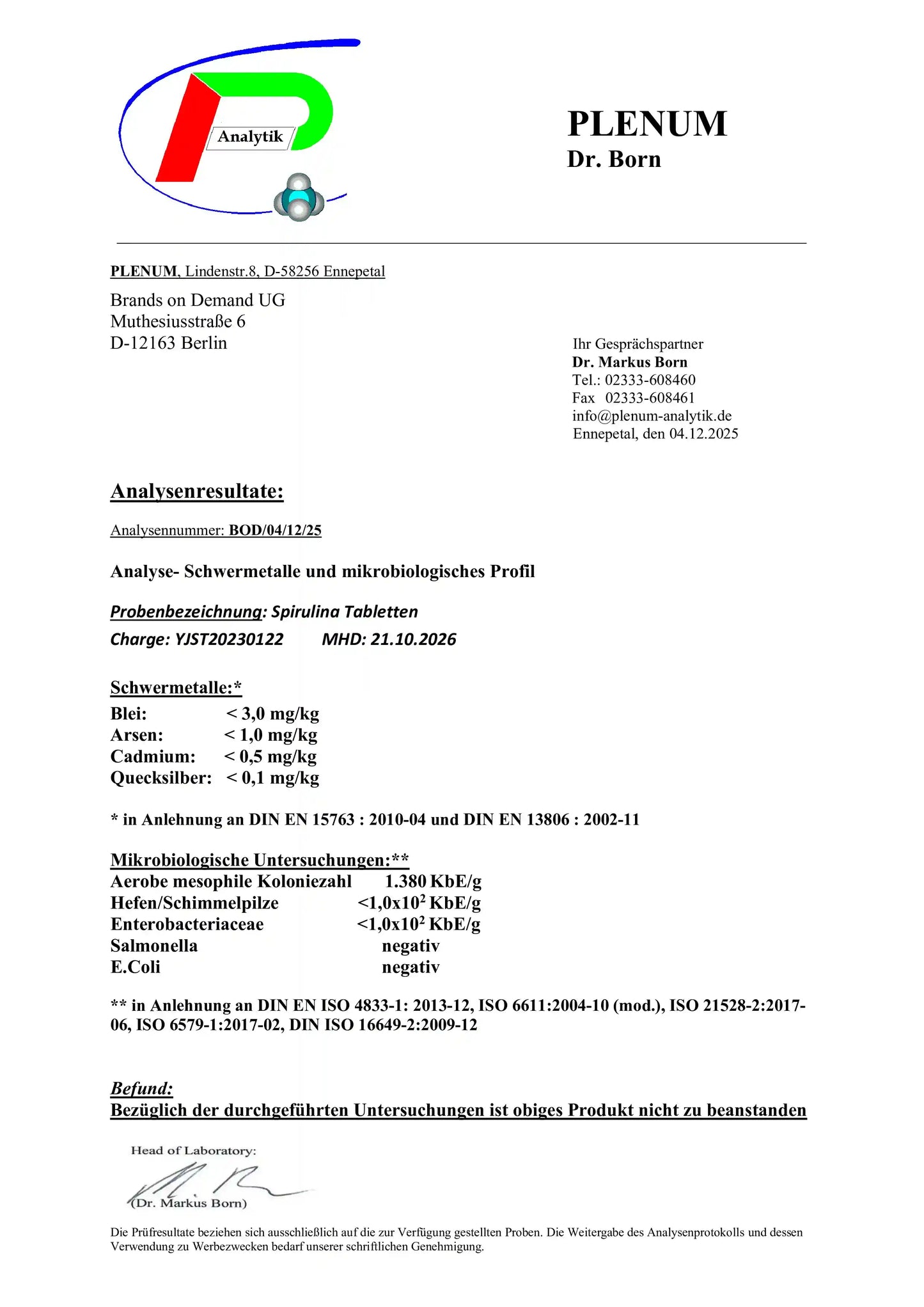 Laborbericht zu NOVERAH Spirulina Arthrospira platensis 3000 mg Tabletten mit unabhaengig gepruefter Qualitaet und Analysewerten – NOVERAH