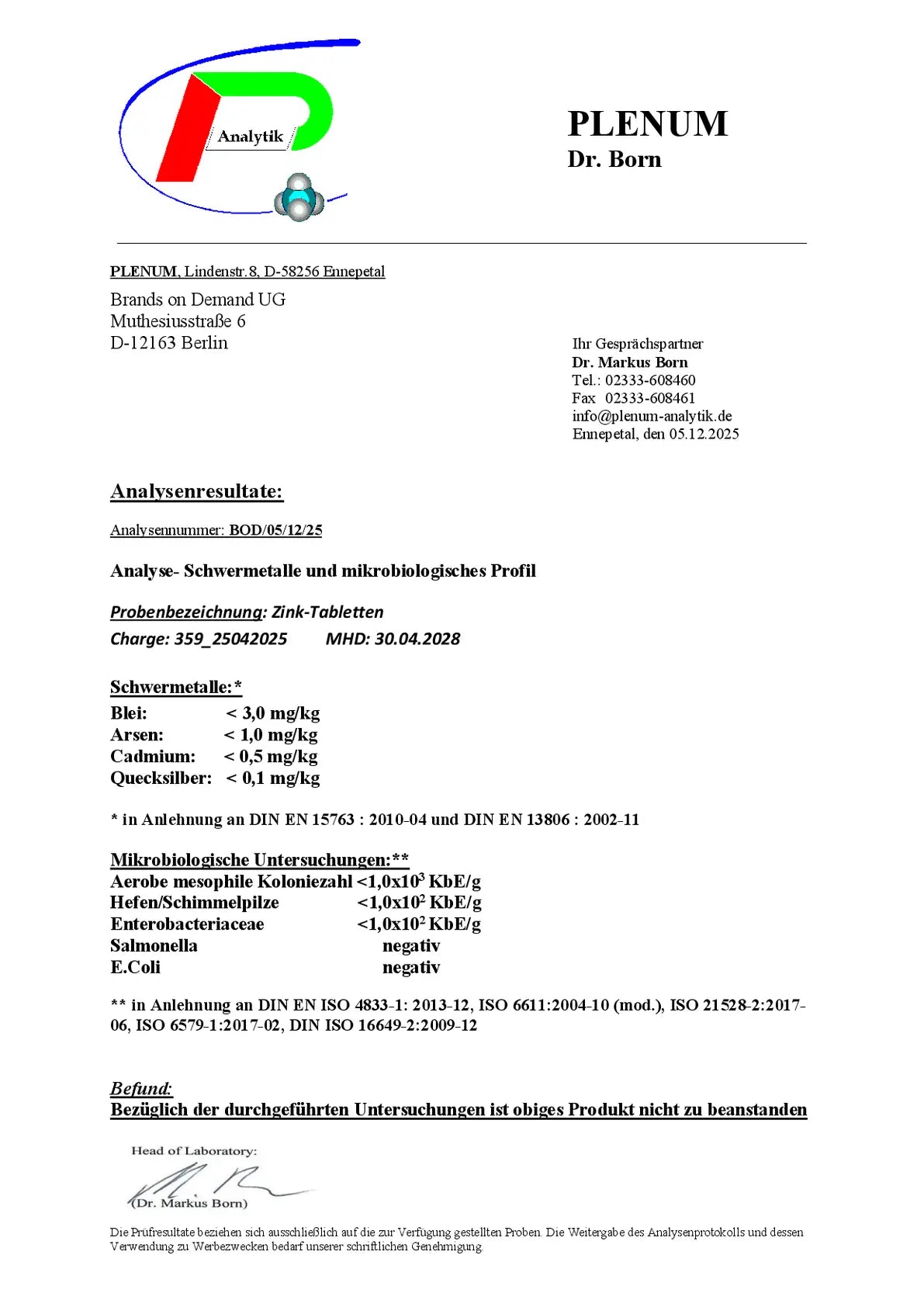 Laborbericht zu NOVERAH Zinkbisglycinat 25 mg Tabletten mit unabhaengig gepruefter Qualitaet und Analysewerten – NOVERAH