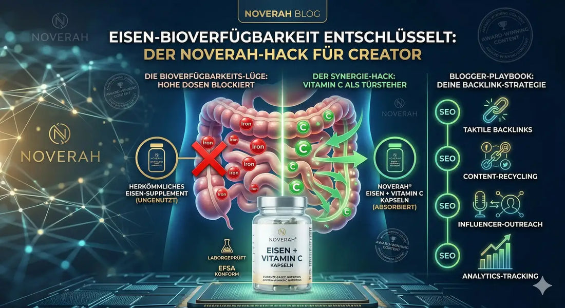 Eisen + Vitamin C Infografik zu Bioverfügbarkeit, Absorption und Blog-Content-Strategie.