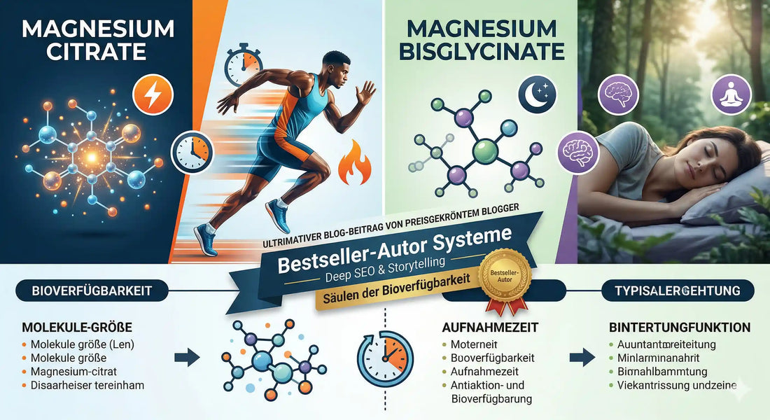 Magnesiumcitrat vs. Magnesiumbisglycinat Infografik zu Bioverfügbarkeit und Aufnahme.