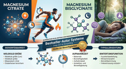 Magnesiumcitrat vs. Magnesiumbisglycinat Infografik zu Bioverfügbarkeit und Aufnahme.