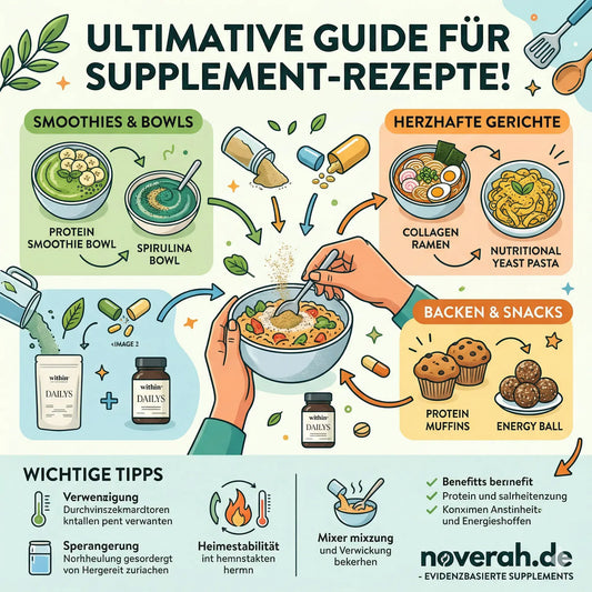 Supplement-Rezepte für Smoothies, Bowls, herzhafte Gerichte, Backen und Snacks mit Protein, Spirulina und Kollagen.