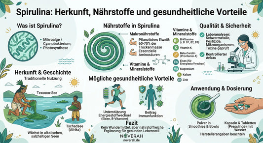 Spirulina Infografik zu Herkunft, Nährstoffen, Qualität, Vorteilen und Anwendung.