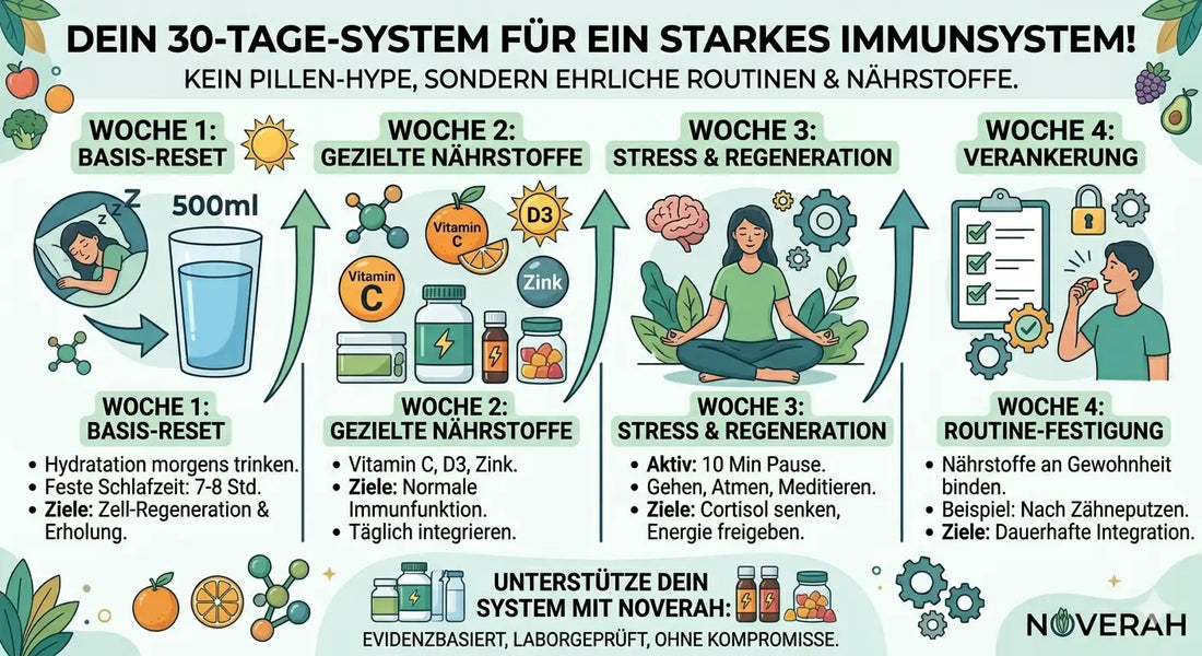 30-Tage-System für Immunsystem, mit Hydration, Vitamin C, D3, Zink, Stressmanagement und Routine.