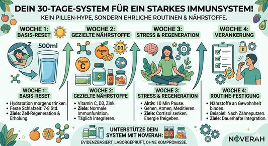 30-Tage-System für Immunsystem, mit Hydration, Vitamin C, D3, Zink, Stressmanagement und Routine.
