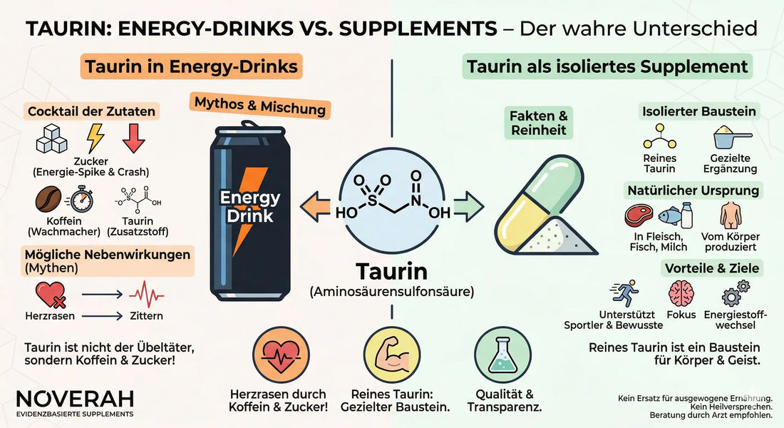 Taurin Infografik zu Energy-Drinks, isoliertem Taurin, Herkunft, Reinheit und Vorteilen.