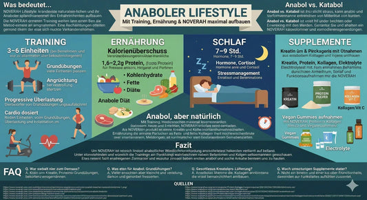 Infografik anaboler Lifestyle mit Training, Ernährung, Schlaf und Supplements für Muskelaufbau.