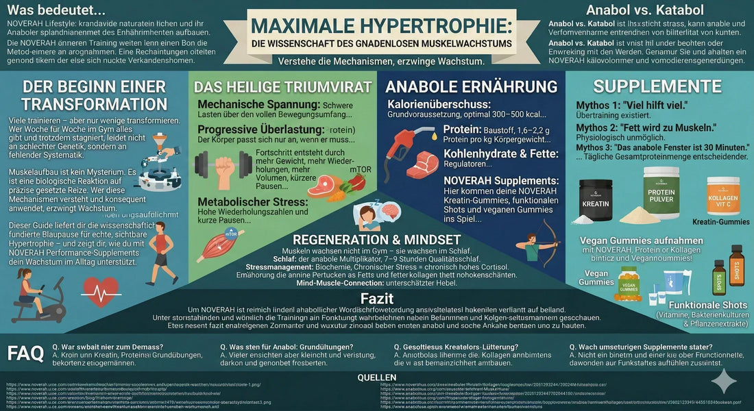 Hypertrophie Infografik mit Muskelaufbau durch Training, Ernährung, Regeneration, Schlaf und Supplements.