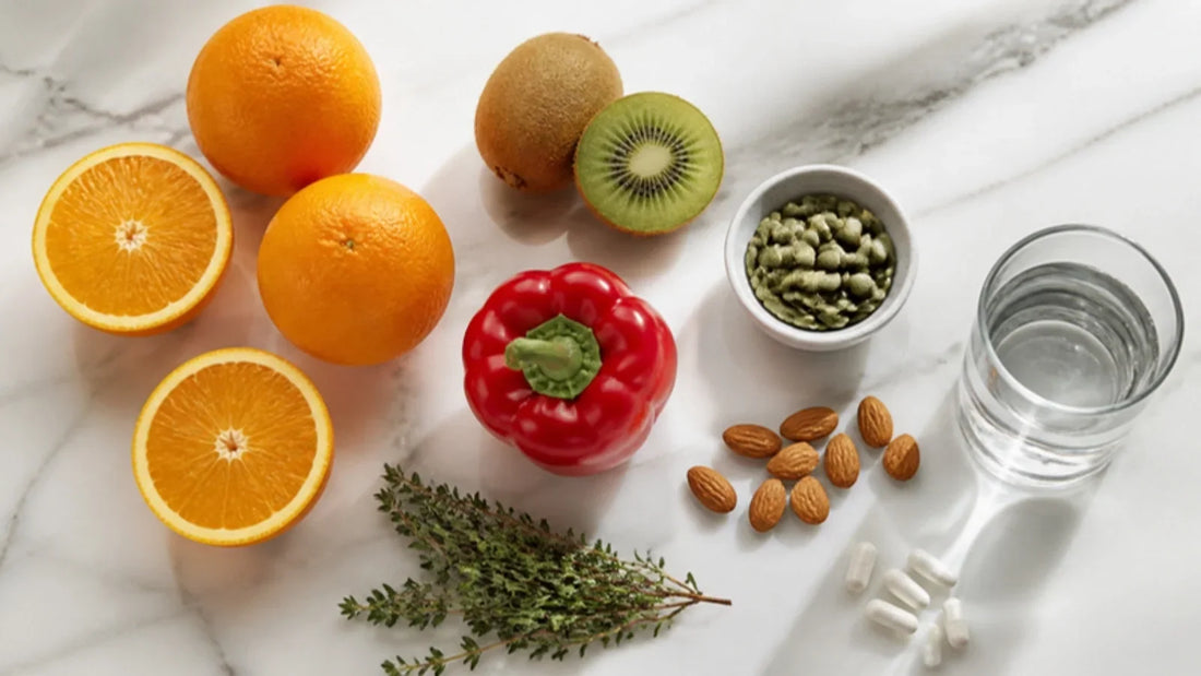 Orangen, Kiwi, rote Paprika, Kürbiskerne, Mandeln, Thymian und ein Glas Wasser auf Marmor – Immunsystem Nährstoffe