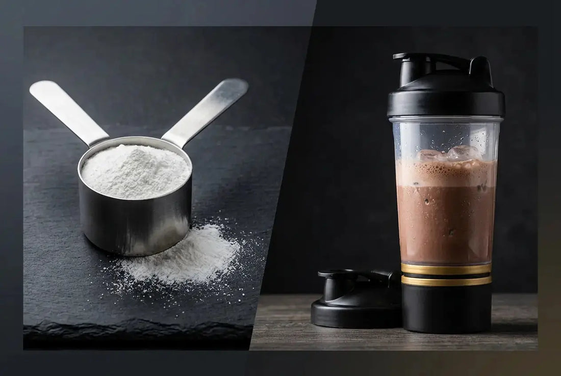 Messlöffel mit weißem Kreatin Monohydrat Pulver neben einem Shaker mit Protein-Shake – Kreatin oder Protein im Vergleich