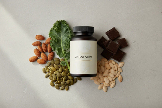 Magnesium Ratgeber: Eine braune Supplement-Dose mit der Aufschrift Magnesium, umgeben von natürlichen Magnesiumquellen wie Mandeln, frischem Grünkohl, Kürbiskernen und dunkler Schokolade auf einem hellen Steinuntergrund.