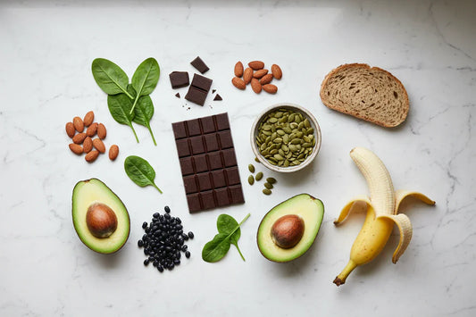 Magnesiumreiche Lebensmittel im Überblick: Natürliche Magnesiumquellen wie frischer Spinat, dunkle Schokolade, Mandeln, Kürbiskerne, Vollkornbrot, Avocado, schwarze Bohnen und eine Banane auf einer hellen Marmorfläche."