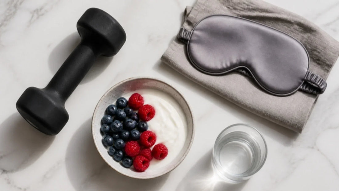 Kurzhantel, Joghurt mit Beeren, Schlafmaske auf Leinentuch und Glas Wasser – Muskelaufbau: Training, Ernährung, Schlaf