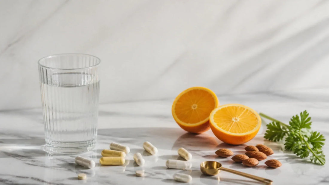Glas Wasser, Vitaminkapseln, Orangenhälften, Mandeln und Petersilie auf Marmor – zu viel Vitamine: was der Körper ausscheidet
