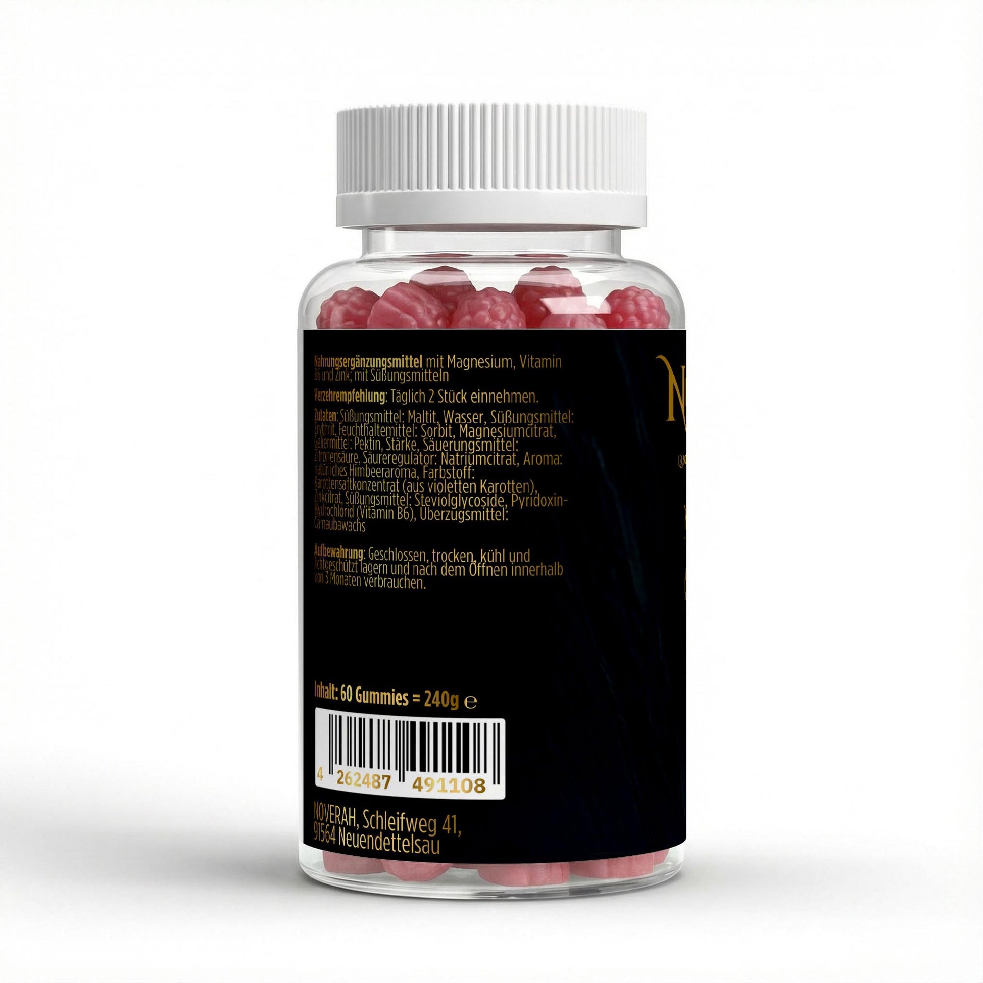 NOVERAH Magnesium + Zink + B6 Gummies – Produktdetail mit Nährwertangaben. Laborgeprüfte Reinheit. Premium Qualität.