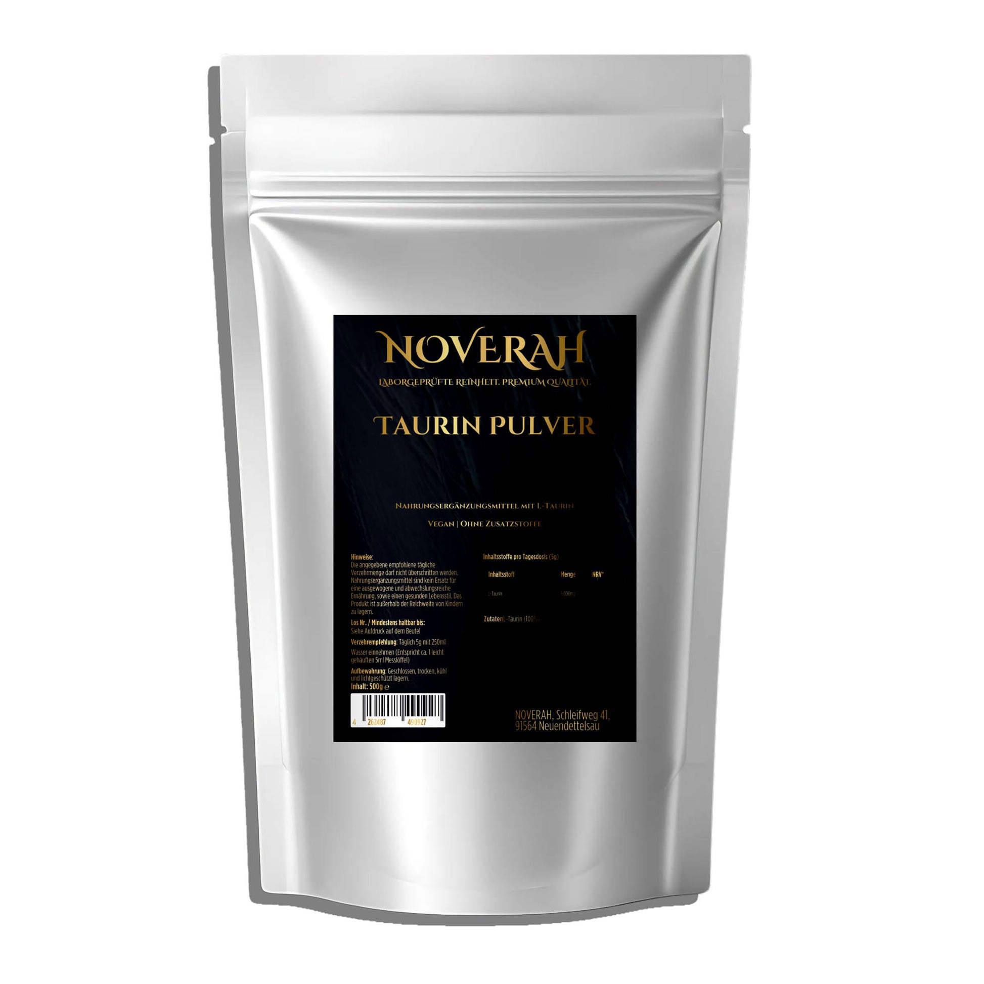 NOVERAH L-Taurin Pulver – Weißes Pulver Frontansicht. Laborgeprüfte Reinheit. Premium Qualität.