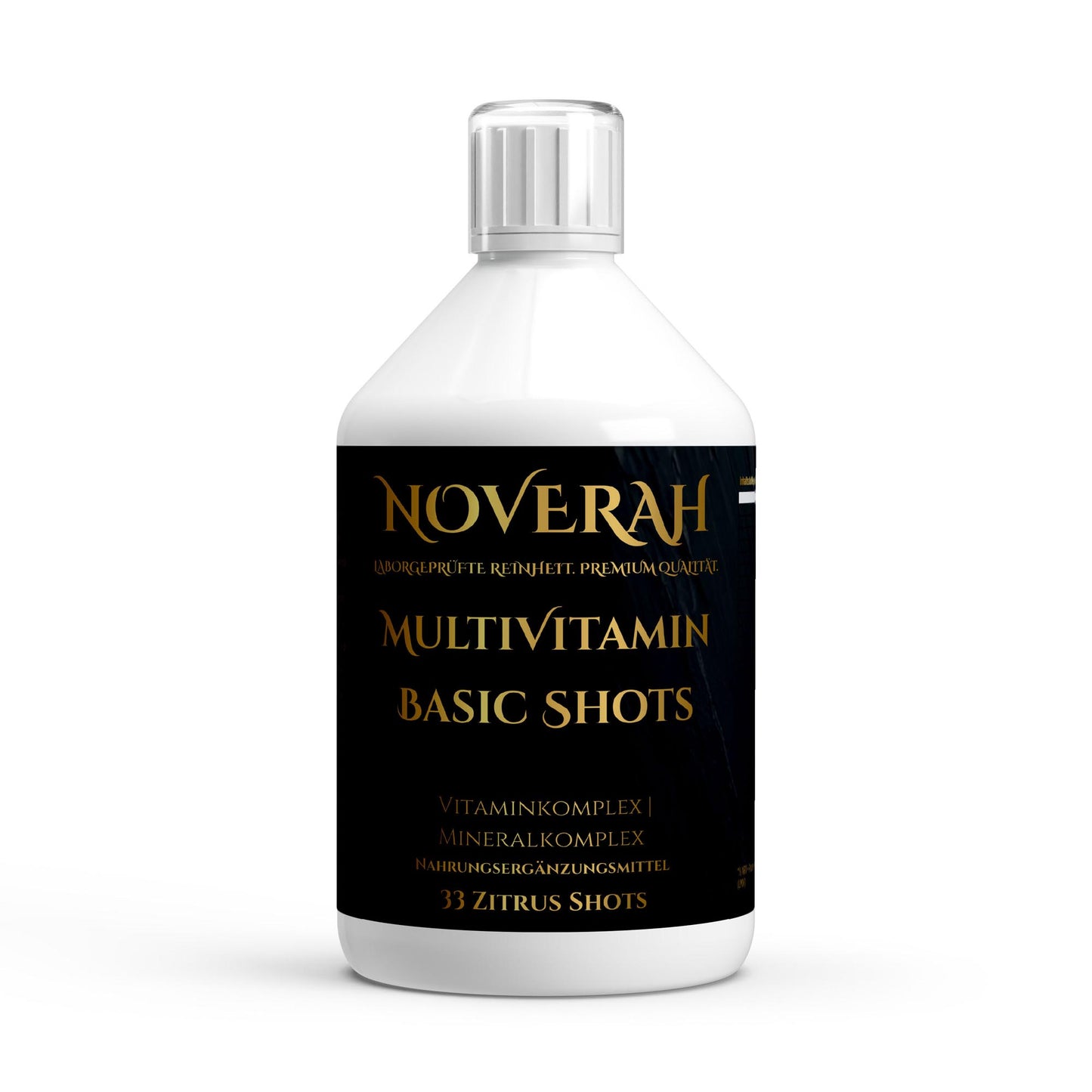 NOVERAH Multivitamin Komplex flüssig – Shot-Flasche Frontansicht. Laborgeprüfte Reinheit. Premium Qualität.