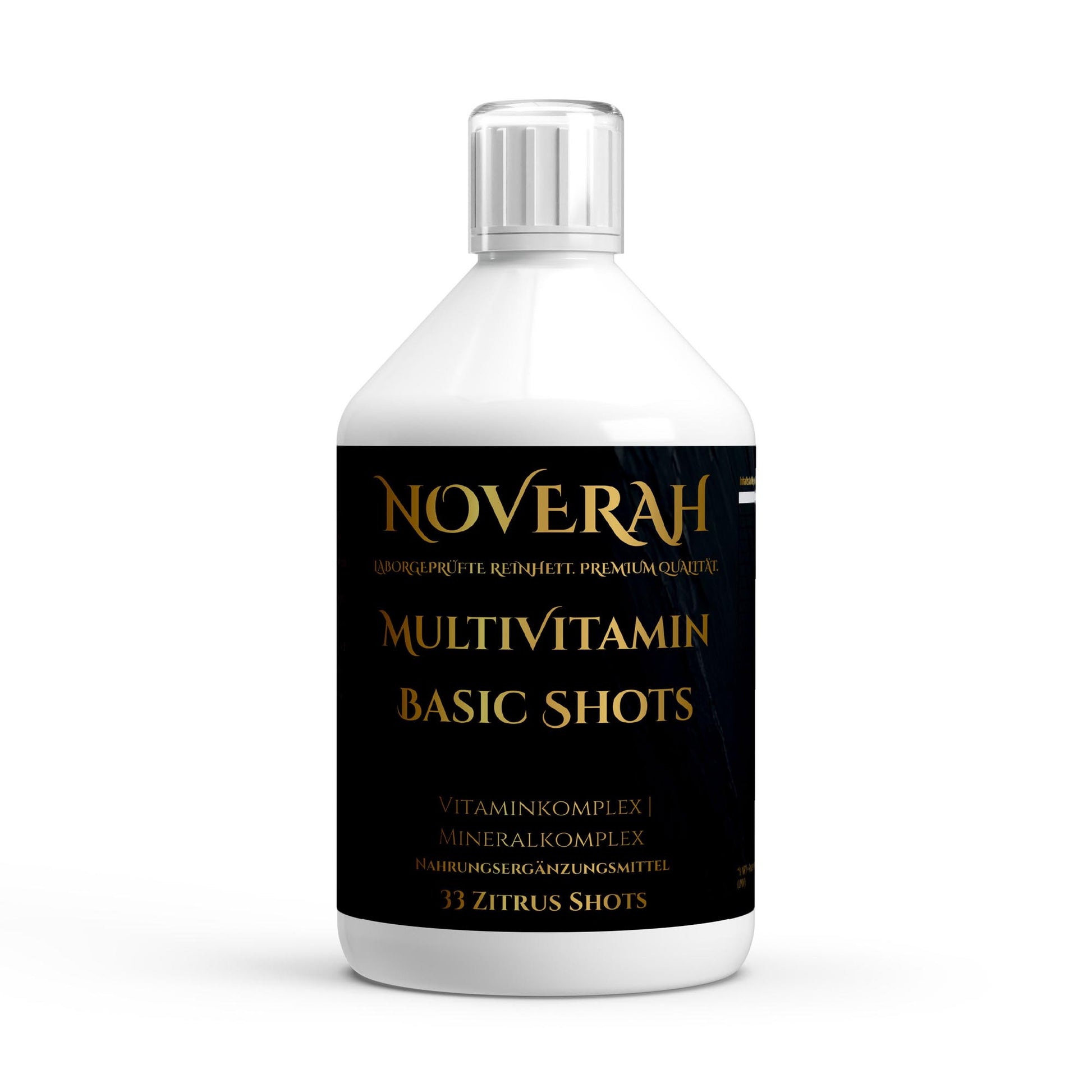 NOVERAH Multivitamin Komplex flüssig – Shot-Flasche Frontansicht. Laborgeprüfte Reinheit. Premium Qualität.