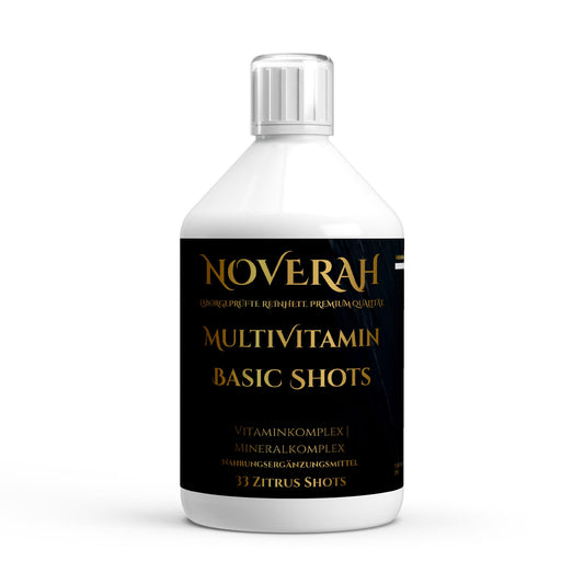 NOVERAH Multivitamin Komplex flüssig – Shot-Flasche Frontansicht. Laborgeprüfte Reinheit. Premium Qualität.