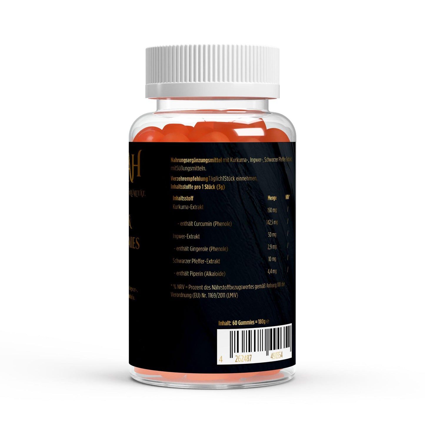 NOVERAH Kurkuma Ingwer Gummies – Produktdetail mit Nährwertangaben. Laborgeprüfte Reinheit. Premium Qualität.