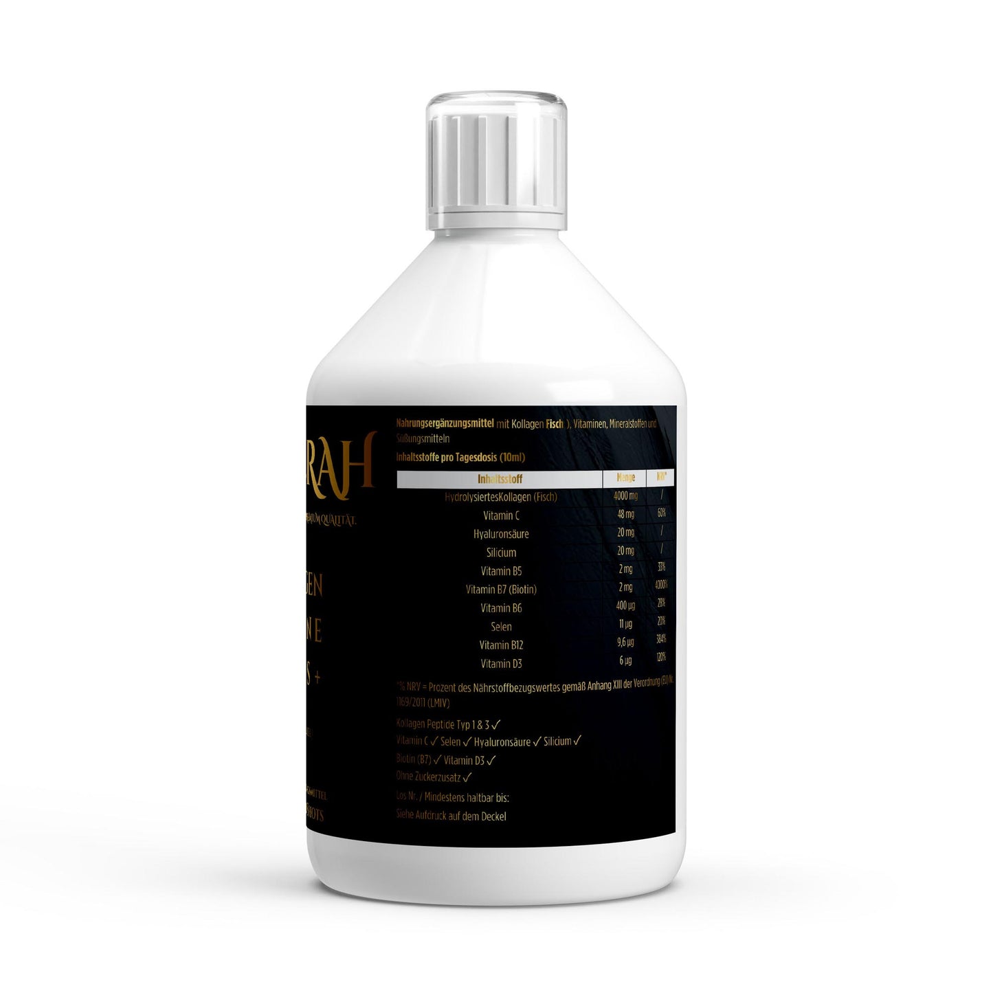NOVERAH Flüssiges Kollagen Marine Plus – Produktdetail mit Nährwertangaben. Laborgeprüfte Reinheit. Premium Qualität.