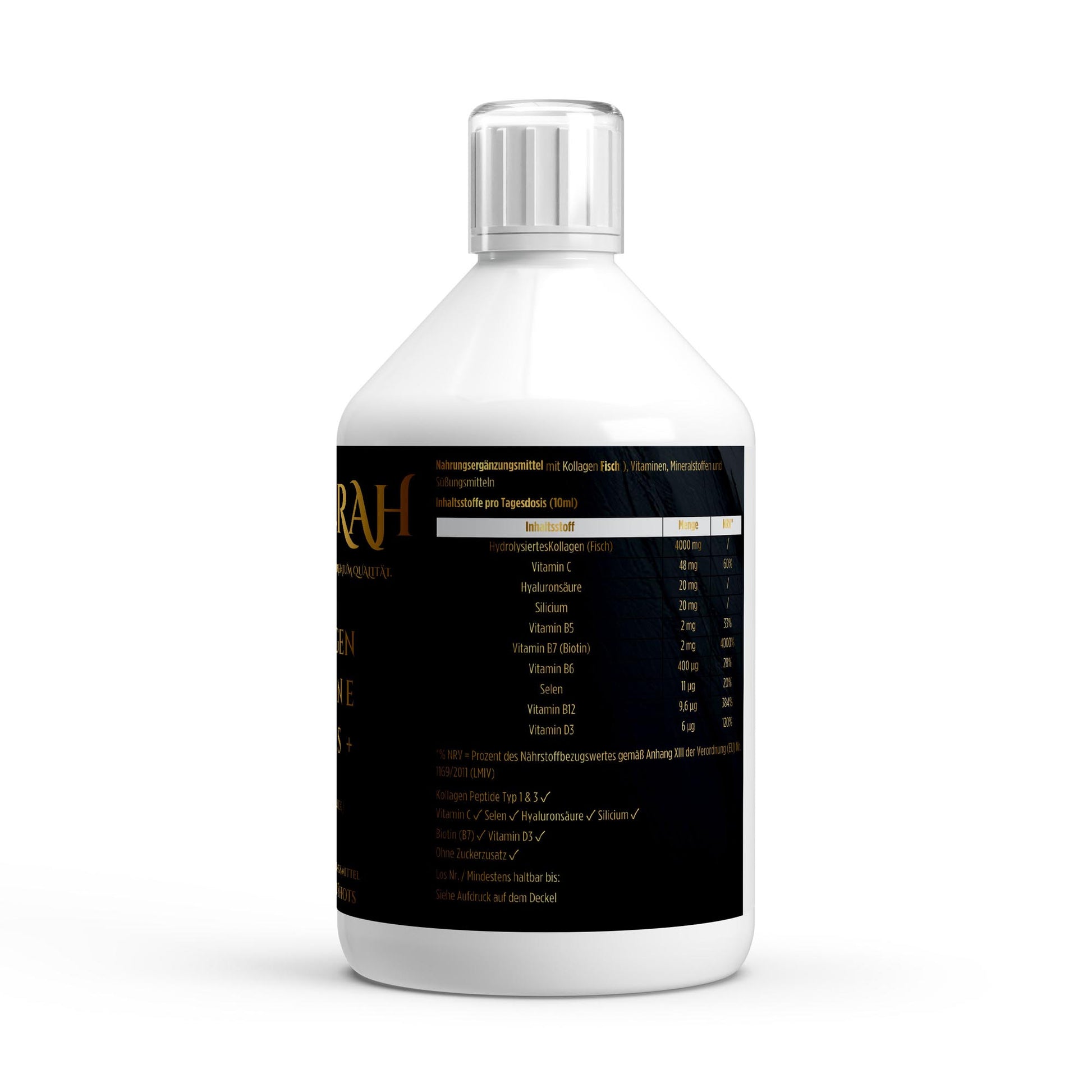 NOVERAH Flüssiges Kollagen Marine Plus – Produktdetail mit Nährwertangaben. Laborgeprüfte Reinheit. Premium Qualität.