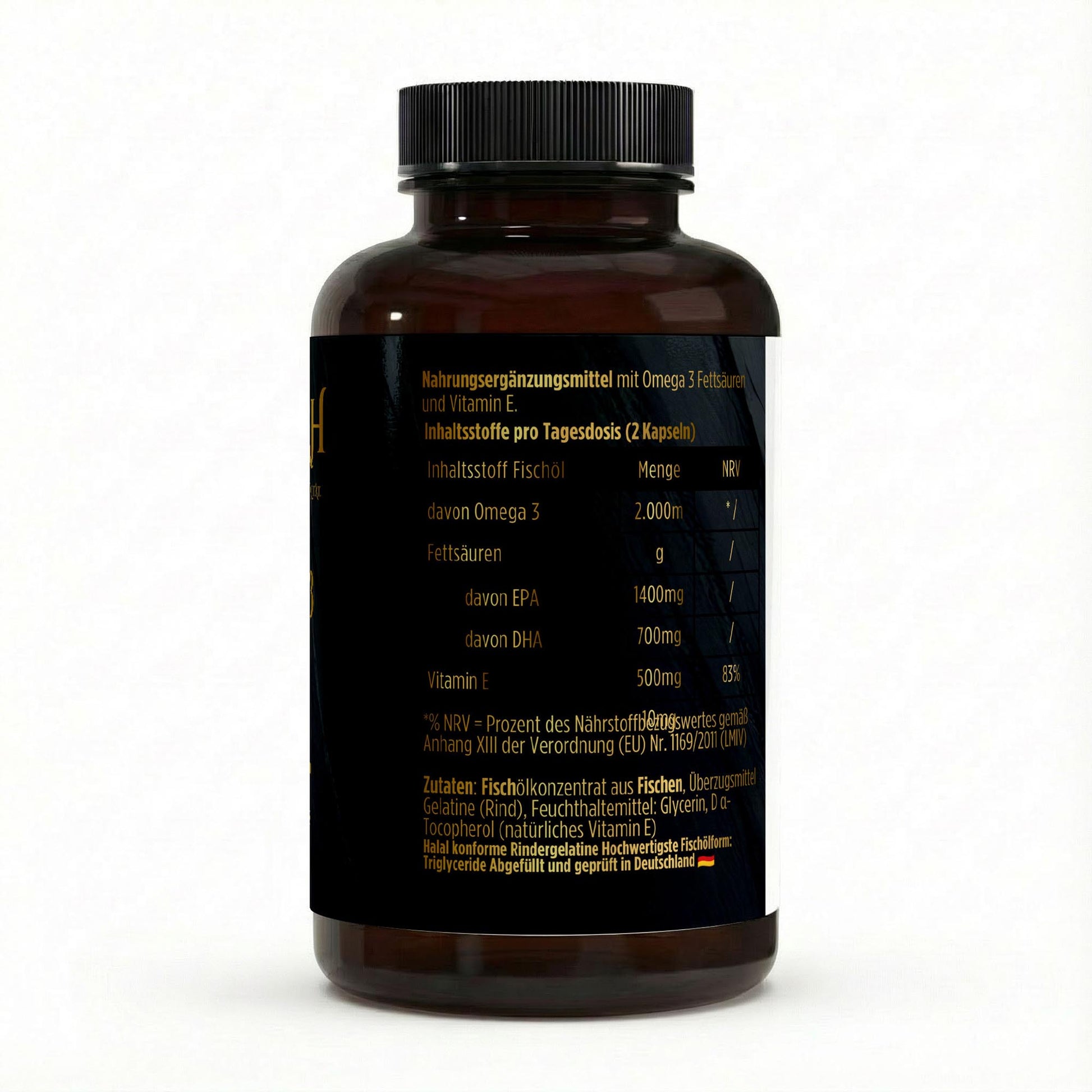 NOVERAH Omega-3 Fischöl – Produktdetail mit Nährwertangaben. Laborgeprüfte Reinheit. Premium Qualität.