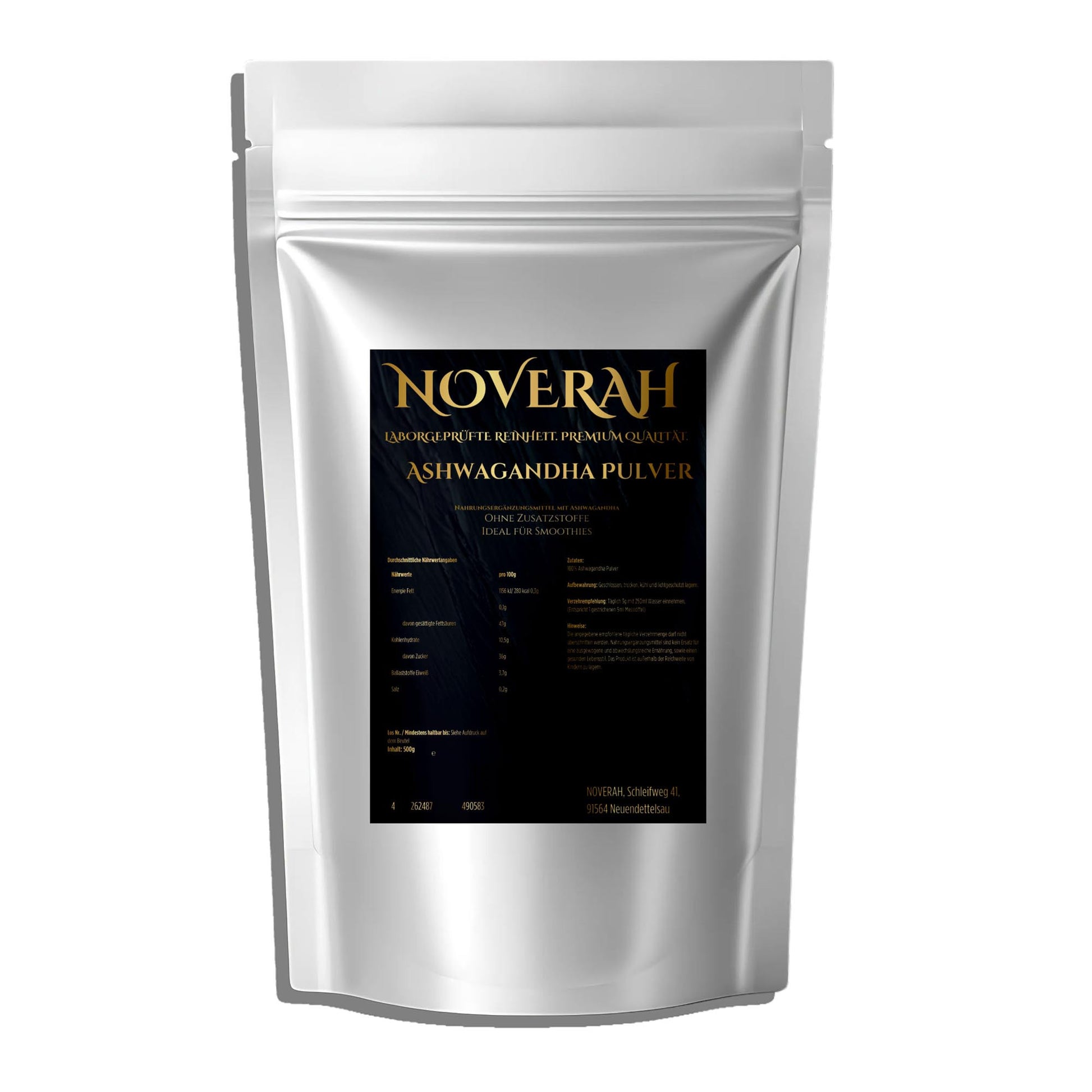 NOVERAH Ashwagandha Pulver – Pulver Frontansicht. Laborgeprüfte Reinheit. Premium Qualität.