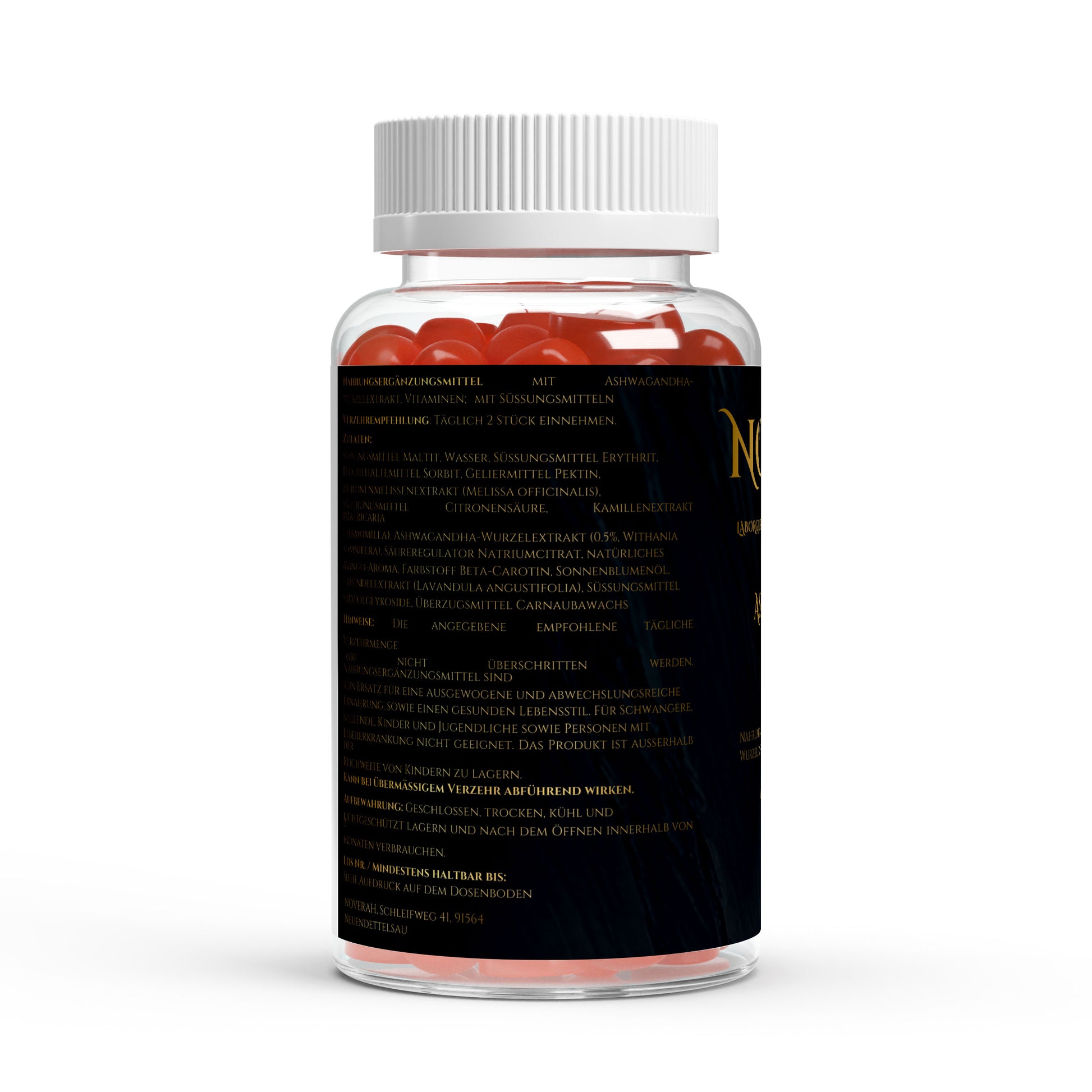 NOVERAH Ashwagandha Gummies 300 mg + Vitamin B6 – Produktdetail mit Nährwertangaben. Laborgeprüfte Reinheit. Premium Qualität.