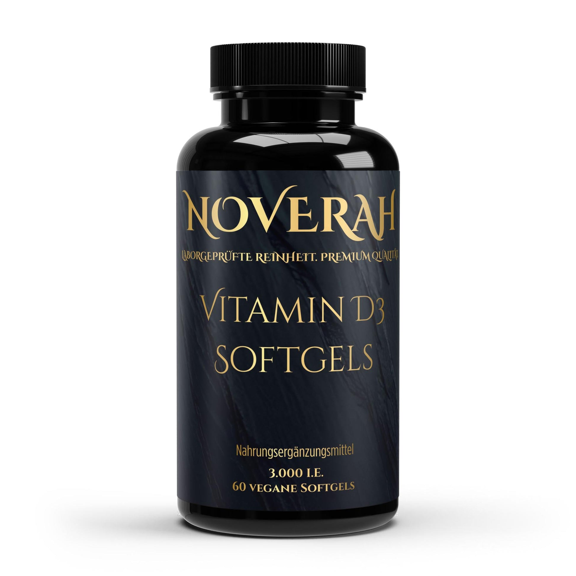 NOVERAH Vitamin D3 3000 I.E. – Vegane Softgels Frontansicht. Laborgeprüfte Reinheit. Premium Qualität.
