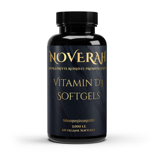 NOVERAH Vitamin D3 3000 I.E. – Vegane Softgels Frontansicht. Laborgeprüfte Reinheit. Premium Qualität.