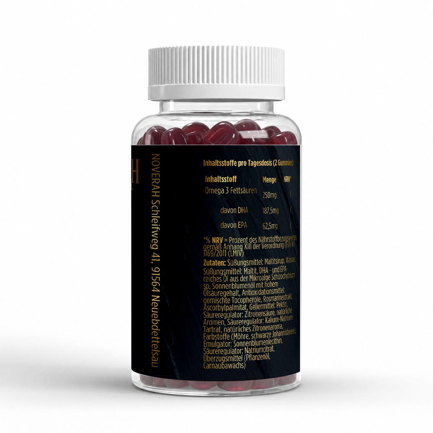 NOVERAH Omega 3 Gummies Kids Himbeere – Produktdetail mit Nährwertangaben. Laborgeprüfte Reinheit. Premium Qualität.