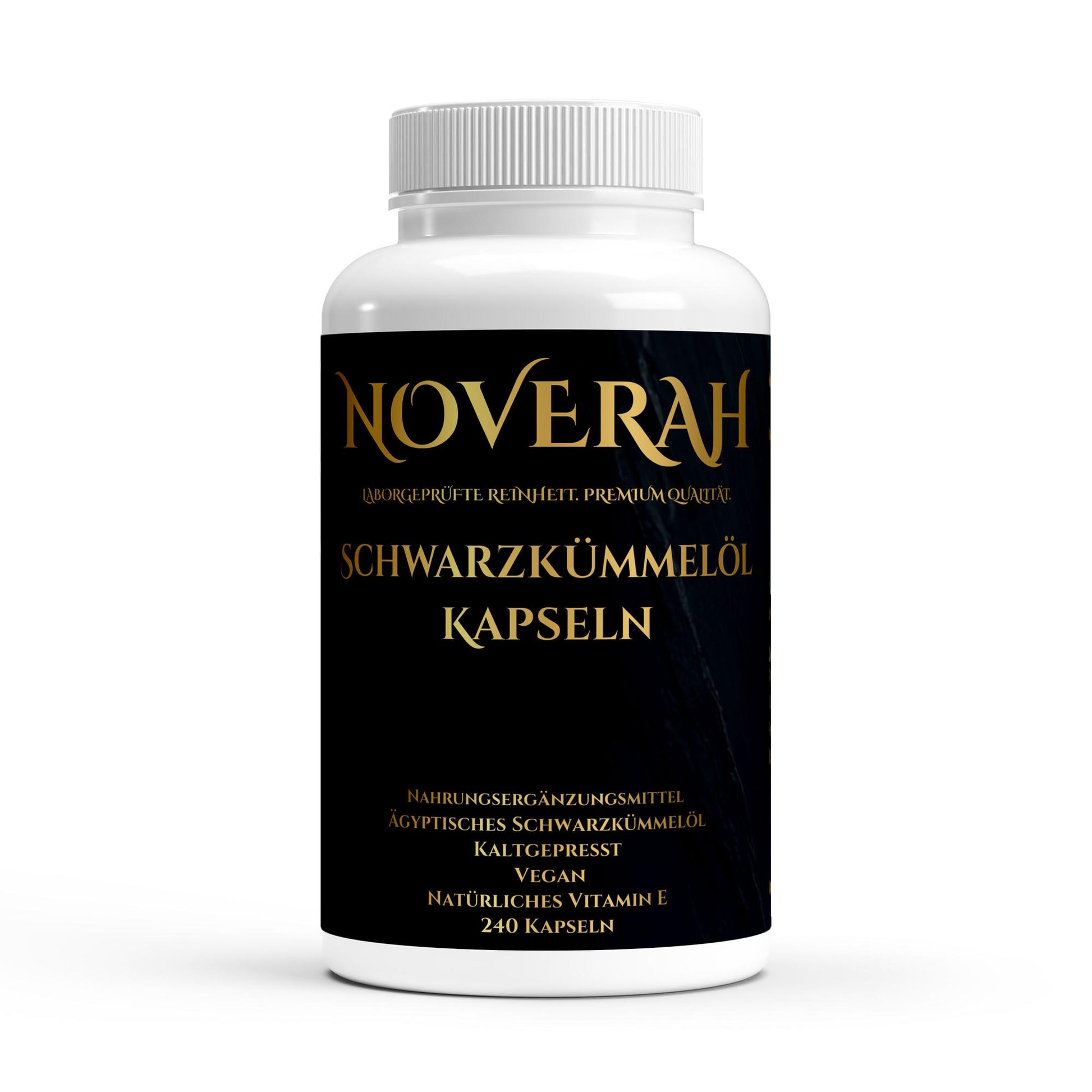 NOVERAH Schwarzkümmelöl Kapseln – Vegane Kapseln Frontansicht. Laborgeprüfte Reinheit. Premium Qualität.
