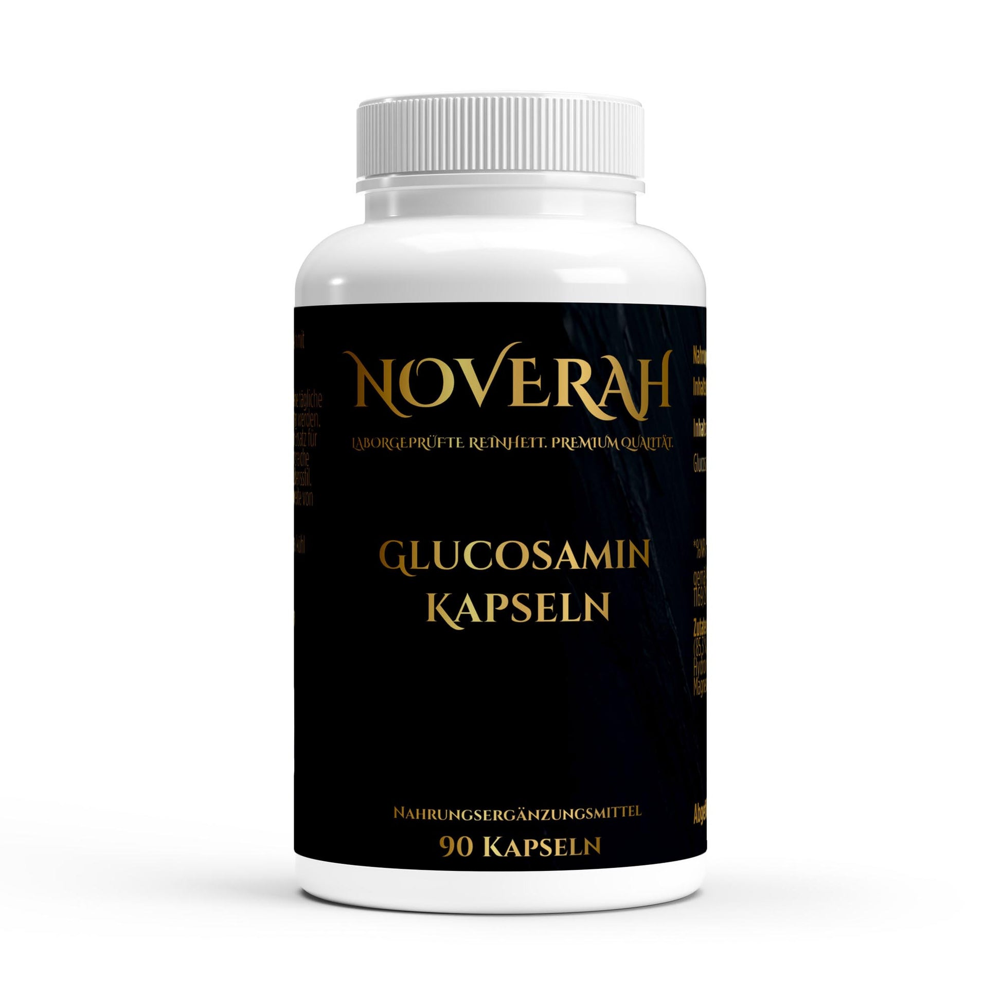 NOVERAH Glucosamin 500mg – Kapseln Frontansicht. Laborgeprüfte Reinheit. Premium Qualität.