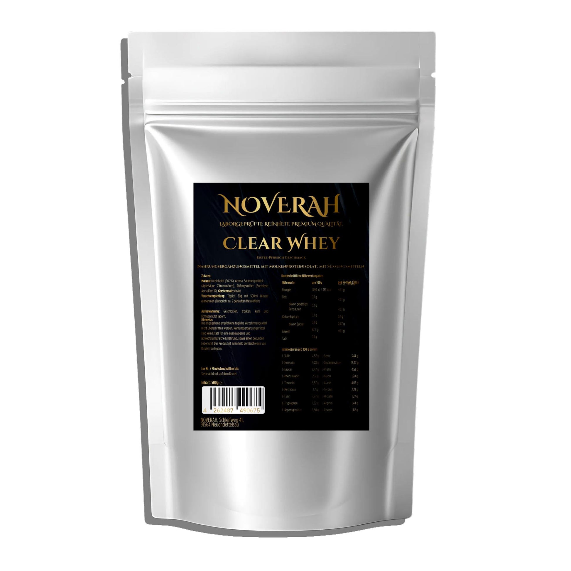 NOVERAH Clear Whey Protein Isolat Eistee Zitrone – Pulver Frontansicht. Laborgeprüfte Reinheit. Premium Qualität.