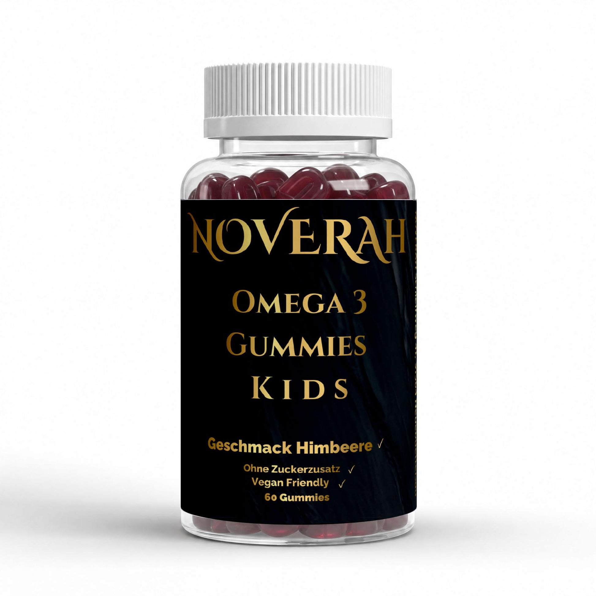 NOVERAH Omega 3 Gummies Kids Himbeere – Vegane Kinder-Gummies Frontansicht. Laborgeprüfte Reinheit. Premium Qualität.