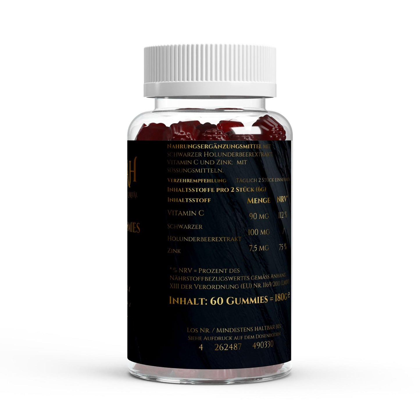 NOVERAH Elderberry Gummies – Produktdetail mit Nährwertangaben. Laborgeprüfte Reinheit. Premium Qualität.