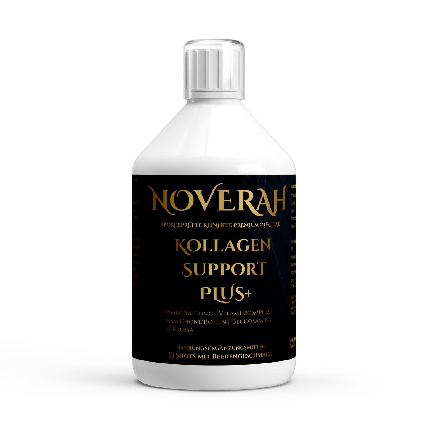 NOVERAH Kollagen Support PLUS+ Shot – Shot-Flasche Frontansicht. Laborgeprüfte Reinheit. Premium Qualität.