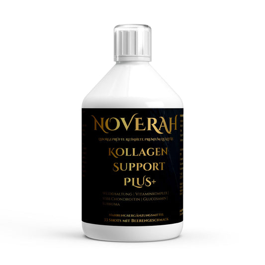 NOVERAH Kollagen Support PLUS+ Shot – Shot-Flasche Frontansicht. Laborgeprüfte Reinheit. Premium Qualität.