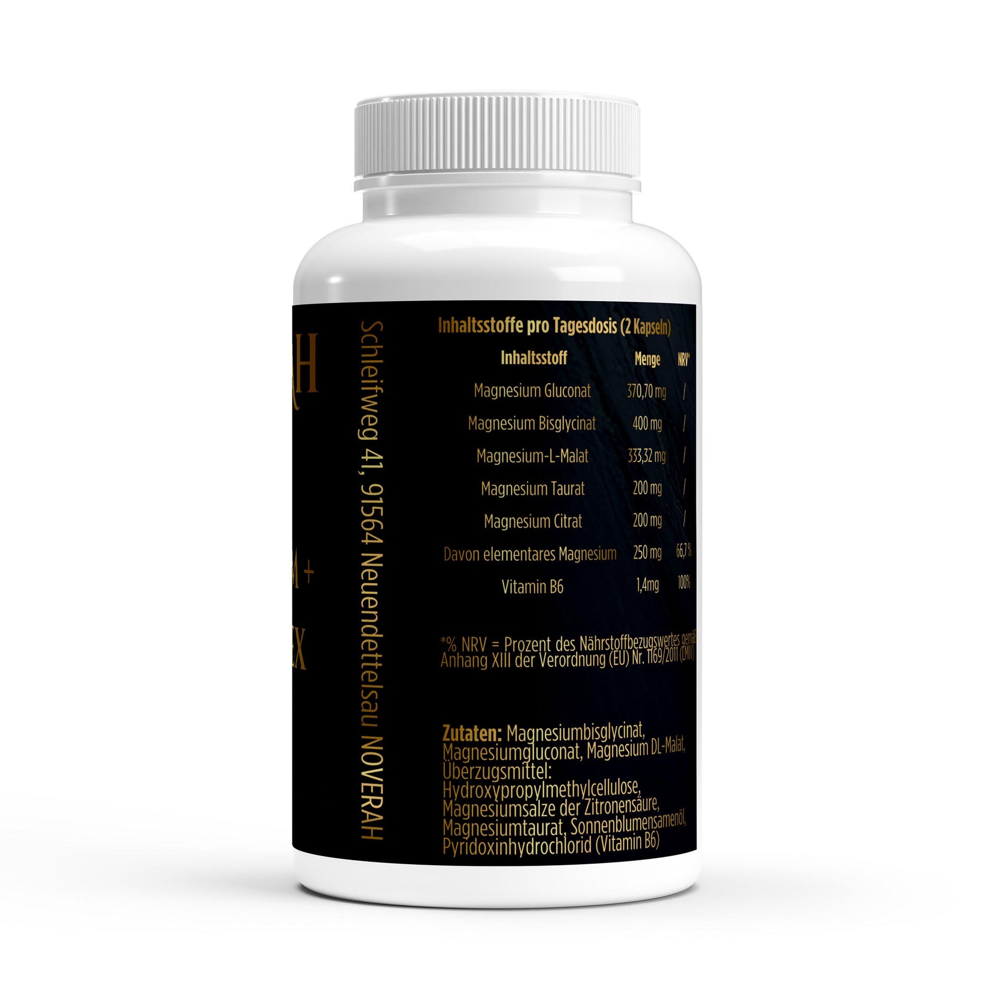 NOVERAH Magnesium Komplex Kapseln 6-fach – Produktdetail mit Nährwertangaben. Laborgeprüfte Reinheit. Premium Qualität.