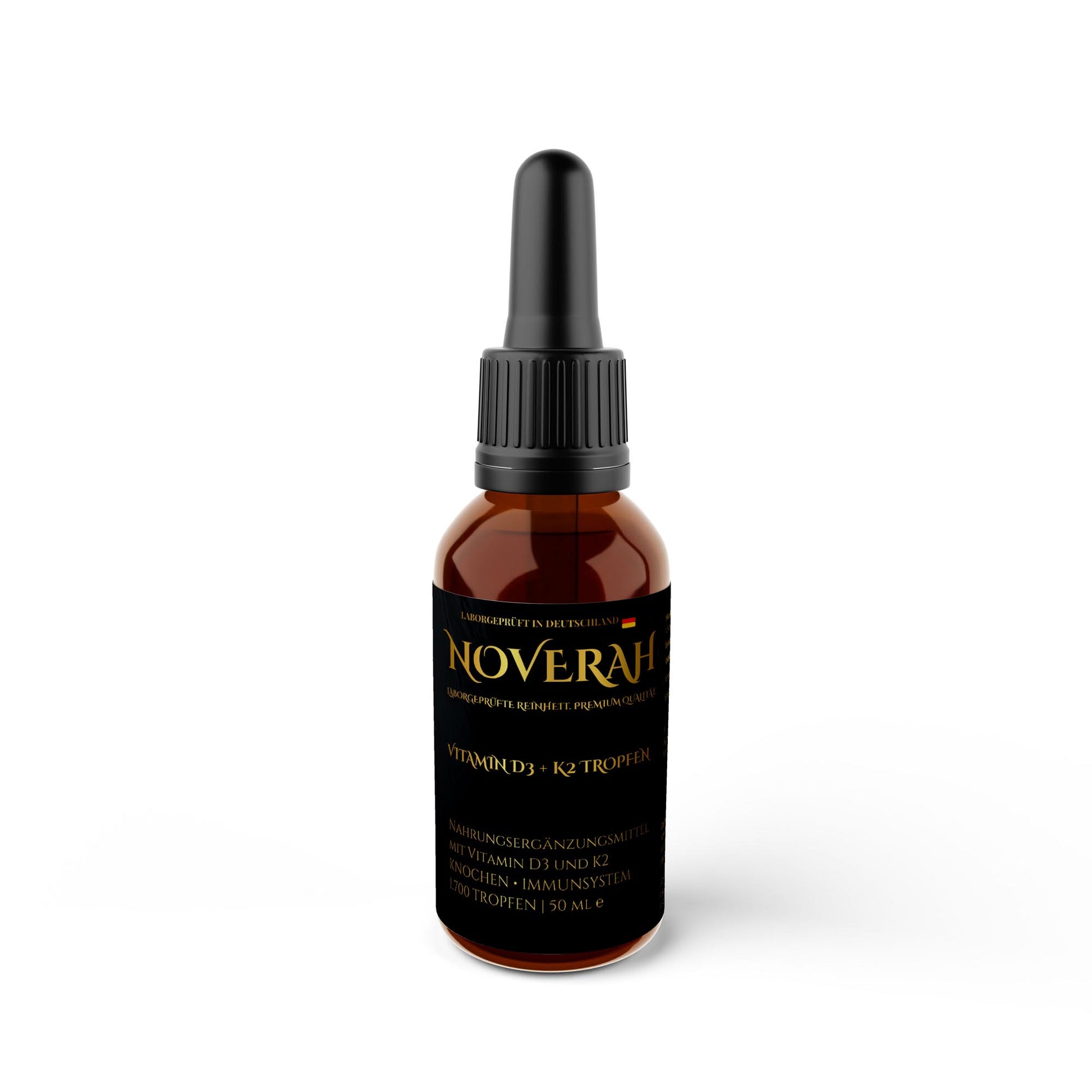 NOVERAH Vitamin D3 + K2 Tropfen – Produktdetail mit Nährwertangaben. Laborgeprüfte Reinheit. Premium Qualität.