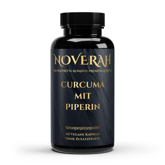 NOVERAH Curcuma + Piperin – Vegane Kapseln Frontansicht. Laborgeprüfte Reinheit. Premium Qualität.