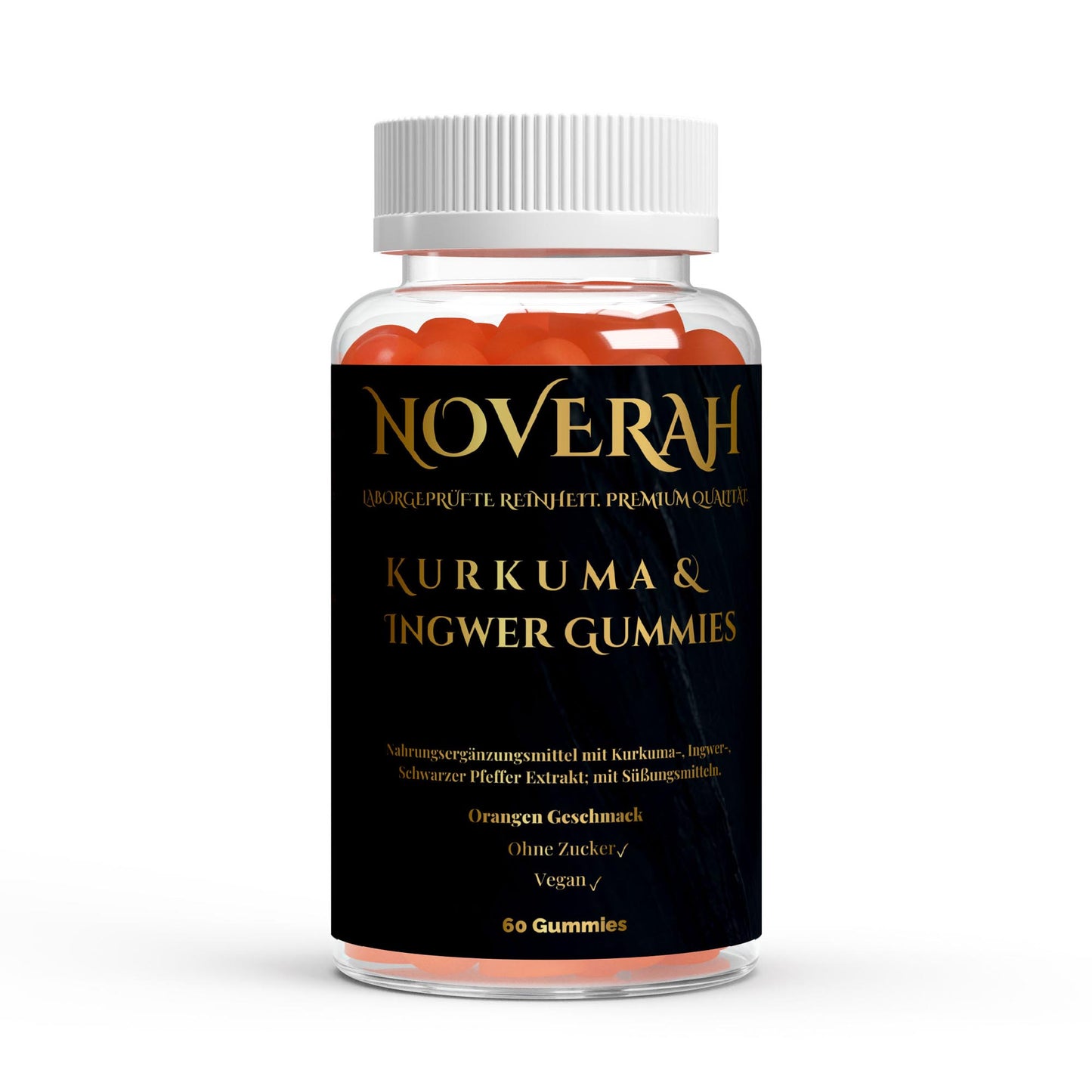 NOVERAH Kurkuma Ingwer Gummies – Vegane Gummies Frontansicht. Laborgeprüfte Reinheit. Premium Qualität.
