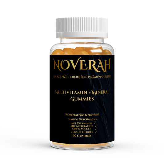 NOVERAH Multivitamin + Mineral Gummies Zuckerfrei – Vegane Gummies Frontansicht. Laborgeprüfte Reinheit. Premium Qualität.