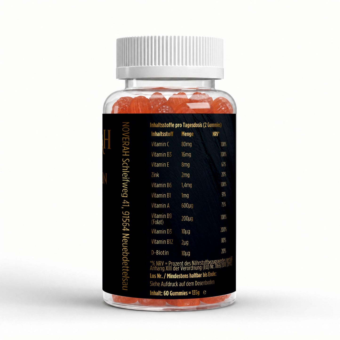 NOVERAH Multivitamin Gummies Kids Orange – Produktdetail mit Nährwertangaben. Laborgeprüfte Reinheit. Premium Qualität.